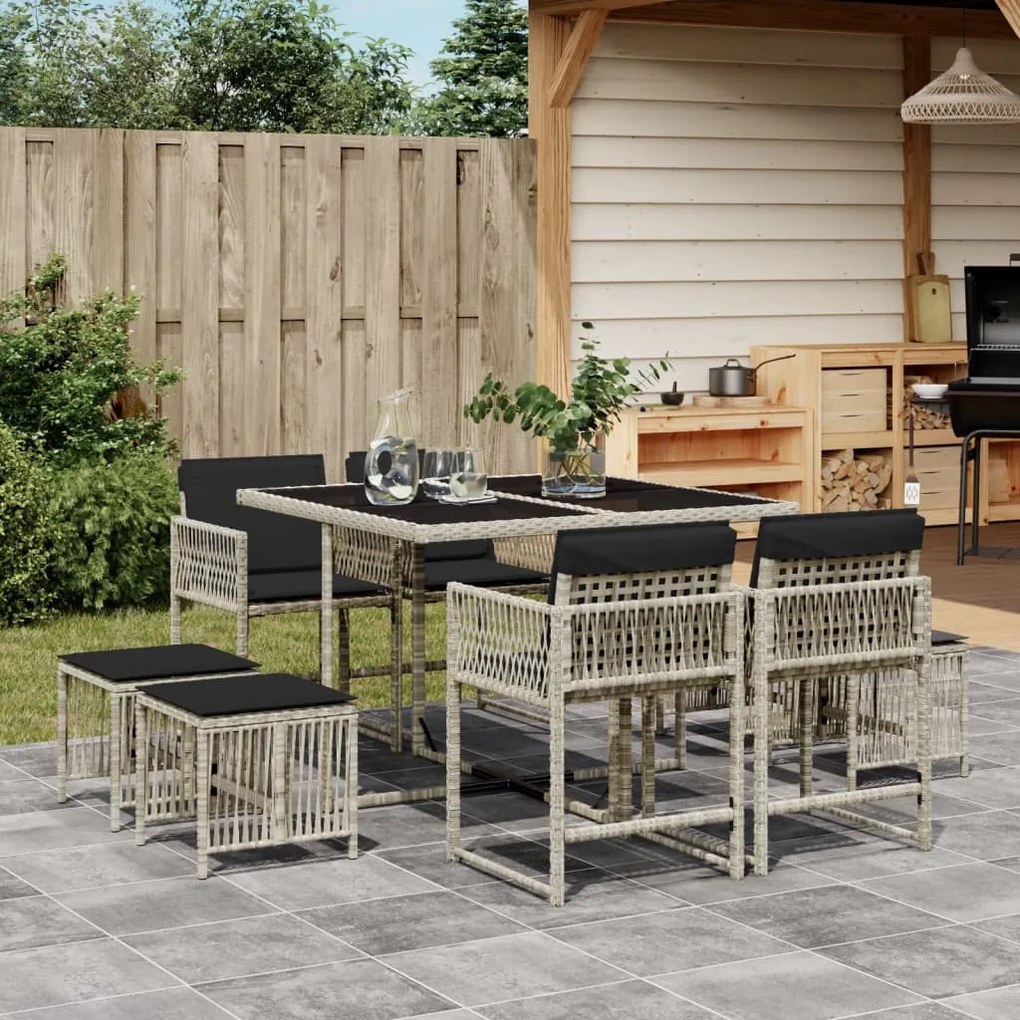 vidaXL 9 pcs conjunto de jantar p/ jardim c/ almofadões cinzento claro