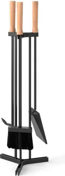 Conjunto de 4 utensílios para lareira com atiçador, pá, escova e suporte. Utensílios com cabo de madeira preta e natural.