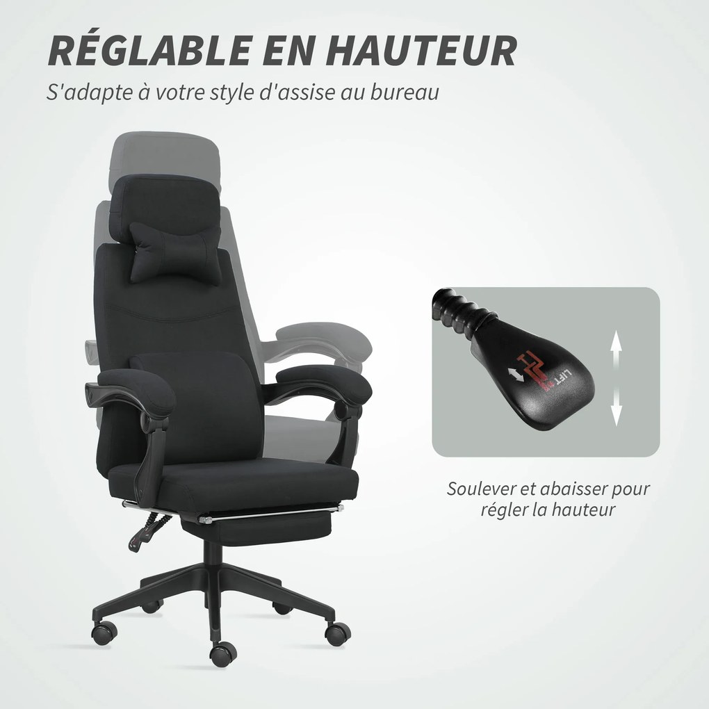 Cadeira de escritório de grande conforto, encosto ajustável, apoio para os pés, Rodas de 360°, linho, 62 x 68 x 127 cm, preta