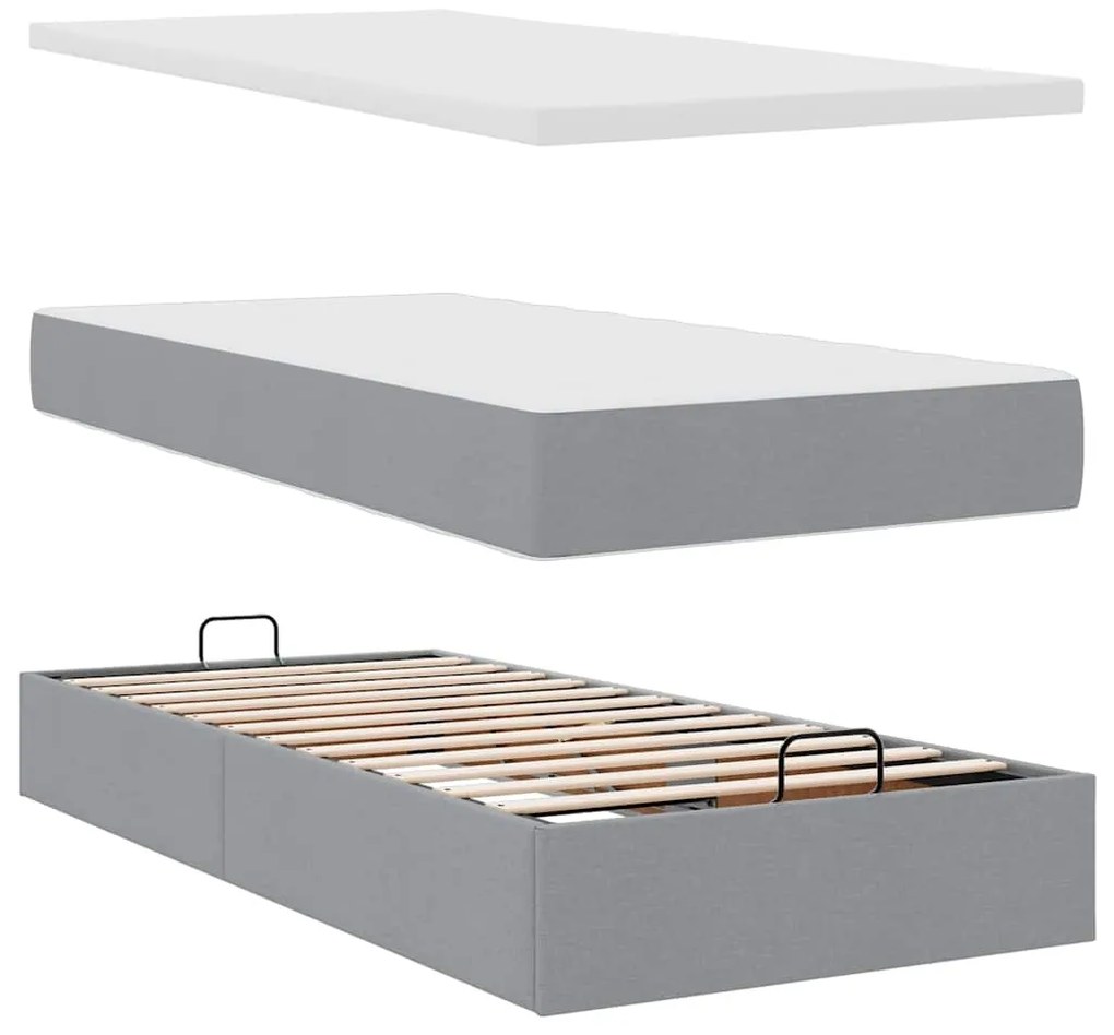 Cama Otomana com colchão & LEDs 90x200 cm tecido cinzento claro