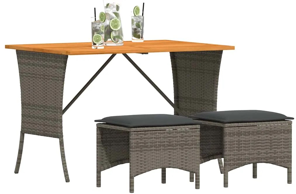 3 pcs conjunto de jantar p/ jardim c/ almofadões vime PE cinza