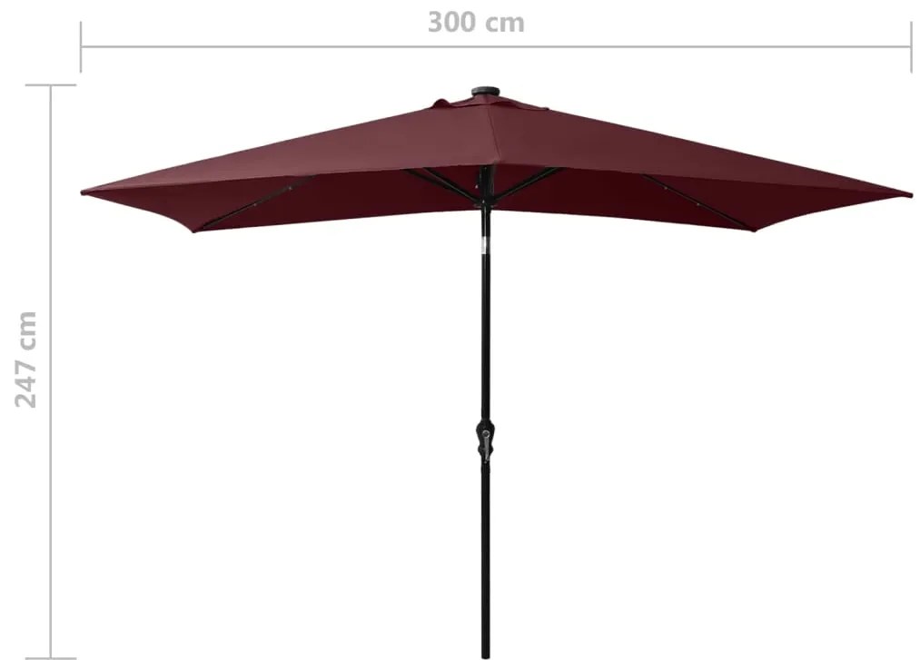 Guarda-sol de jardim com luzes LED e poste de aço 2x3 m bordô