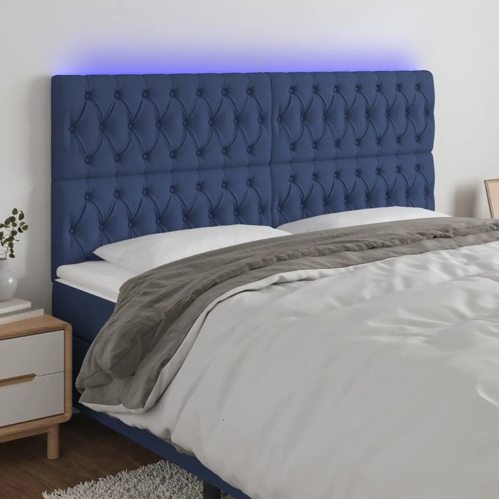 Cabeceira de cama c/ luzes LED tecido 180x7x118/128 cm azul