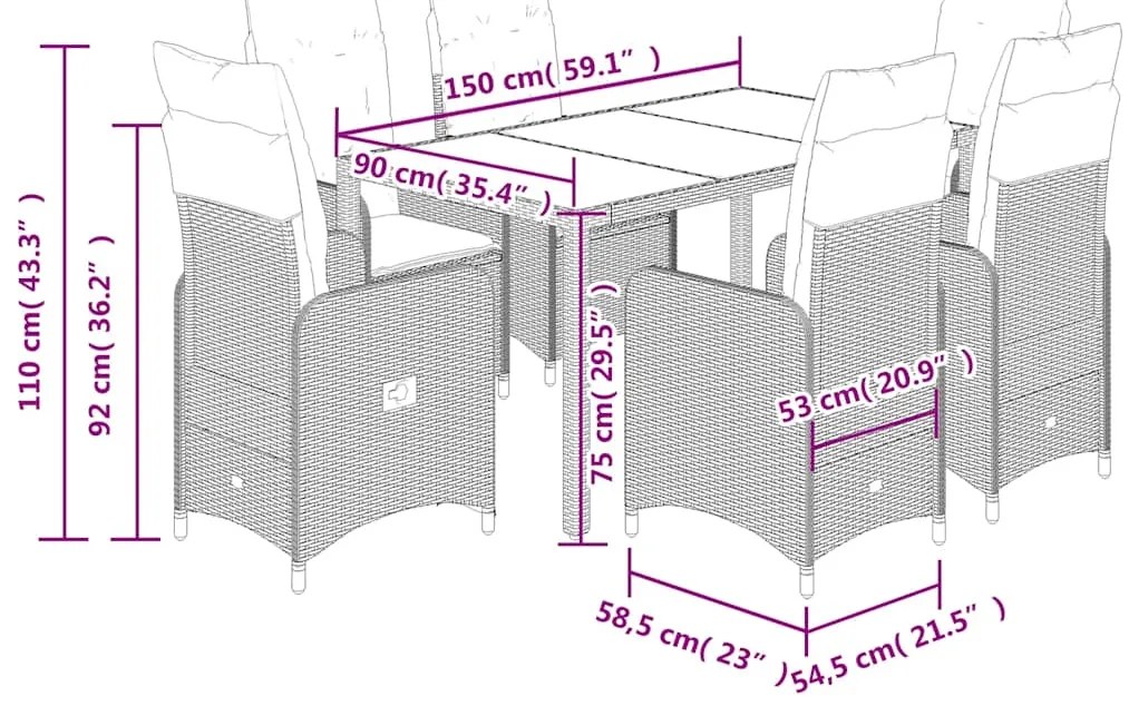7 pcs conjunto bistrô de jardim c/ almofadões vime PE castanho