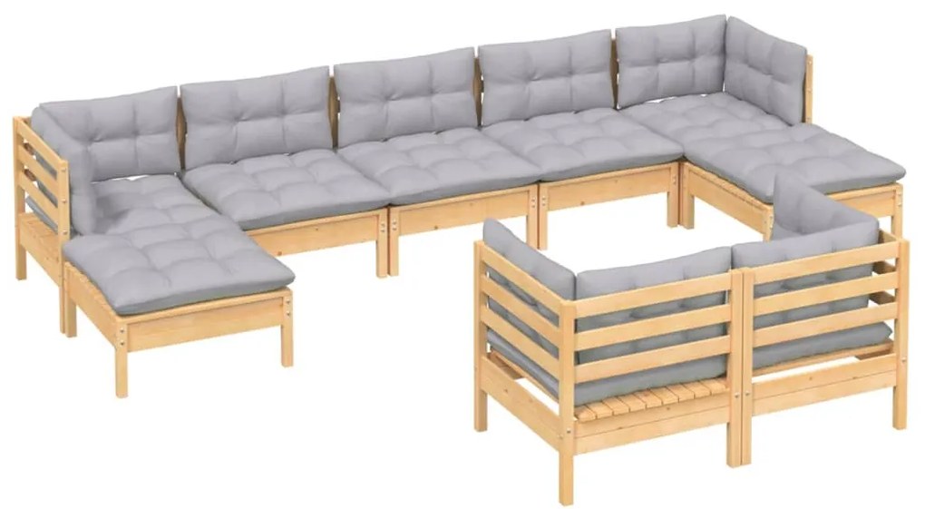 9 pcs conjunto lounge de jardim + almofadões cinza pinho maciço