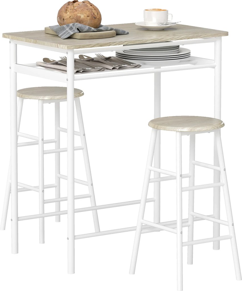 Conjunto de Móvel Bar com Mesa Alta e 2 Bancos com Prateleira de Armazenamento e Estrutura de Metal 80x50x90cm Branco e Madeira