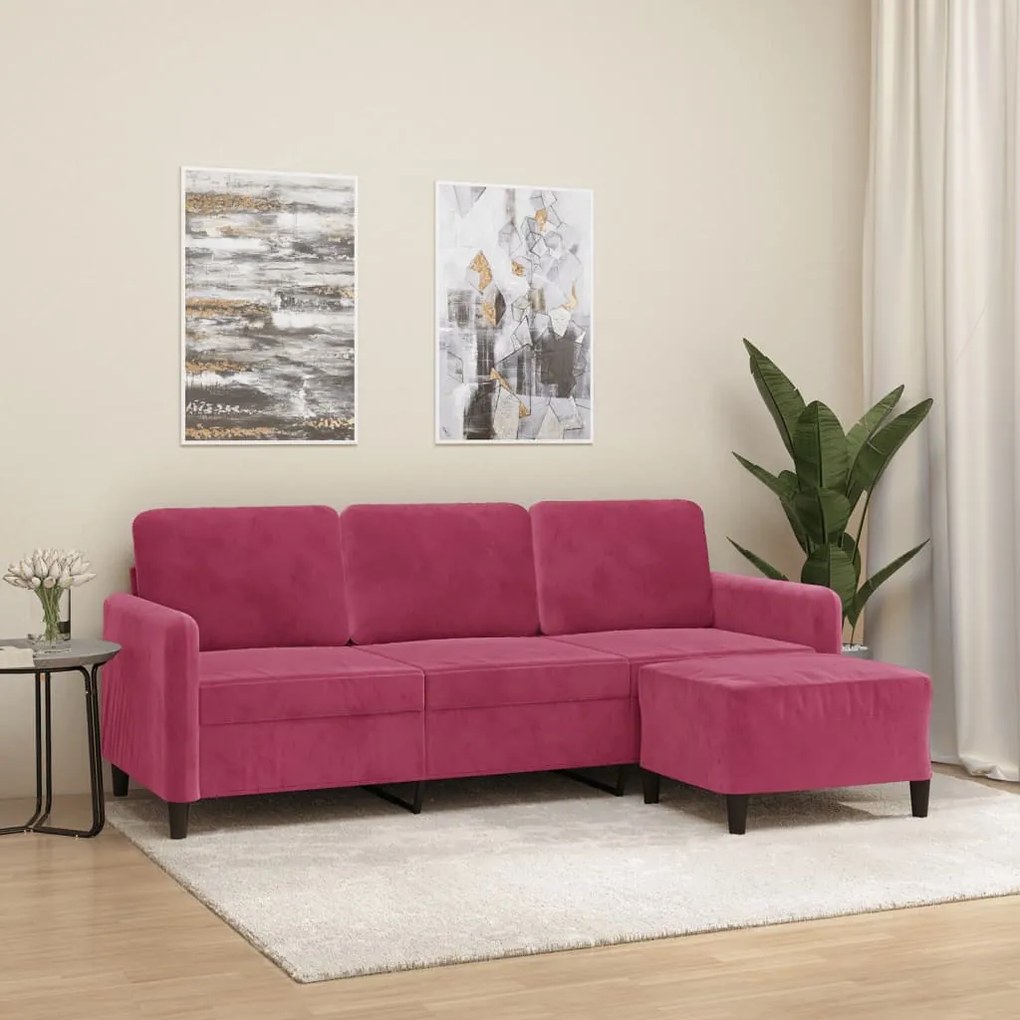 Sofá de 3 lugares com apoio de pés 180 cm veludo vermelho tinto