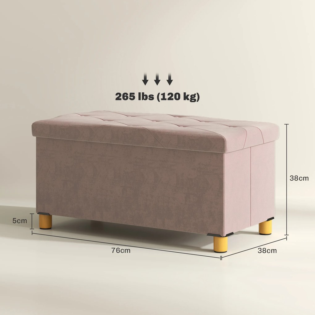 Banco de arrumação dobrável para colocar ao pé da cama 76 x 38 x 38 cm, com 67 L de capacidade e 120 kg de carga máxima, com tampa, cor-de-rosa