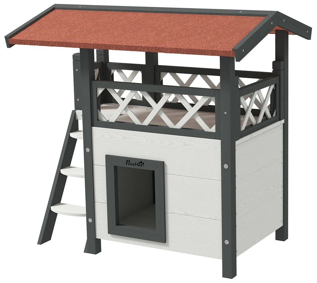 Casa para Gatos de Madeira 77x50x73cm Casa para Gatos com 2 Níveis com Teto Asfáltico Terraço Cercado Caverna e Escada Branco