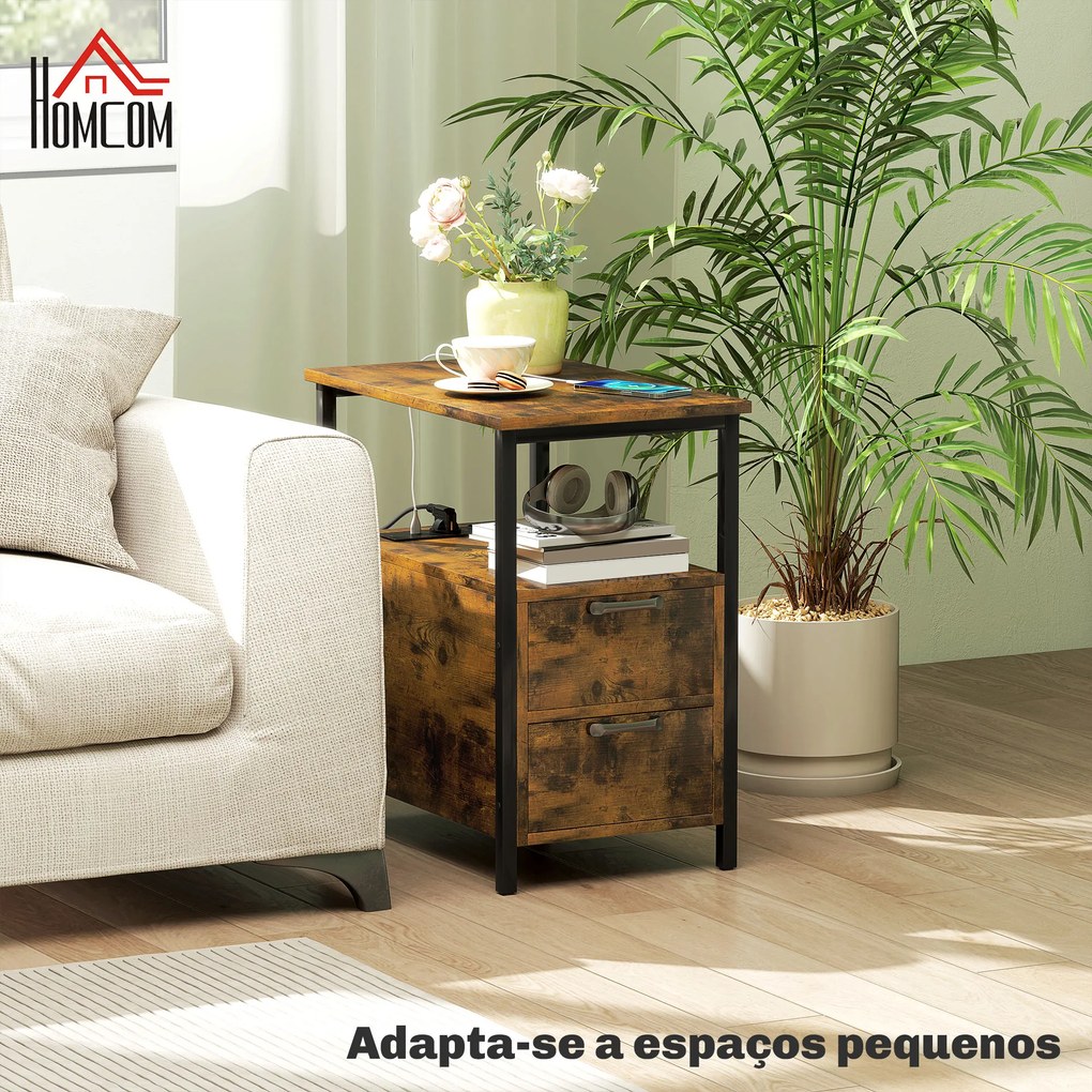 Mesa Auxiliar com Estação de Carga Entrada USB Tomada Elétrica 2 Gavetas e Prateleira 55x35x58,5 cm Castanho Rústico