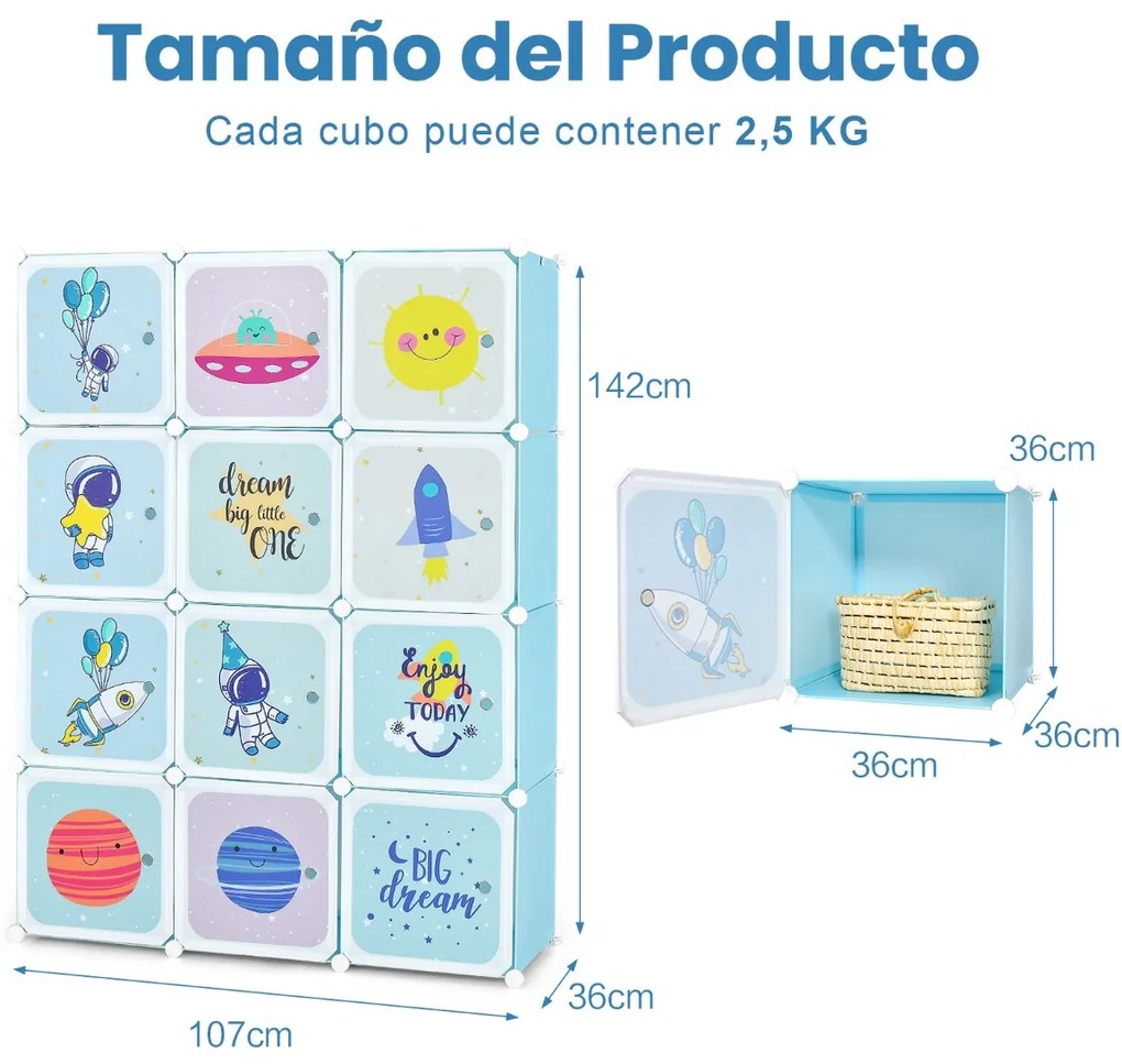 Estante modular portátil para guarda-roupa infantil com 12 cubos com 2 seções suspensas para brinquedos, sapatos, roupas, 107 x 36 x 142 cm, azul