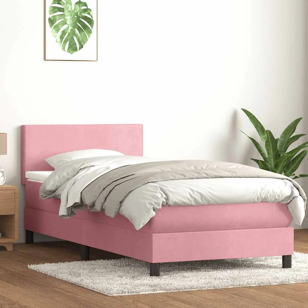 vidaXL Cama box spring c/ colchão e LED 100x220 cm veludo Rosa