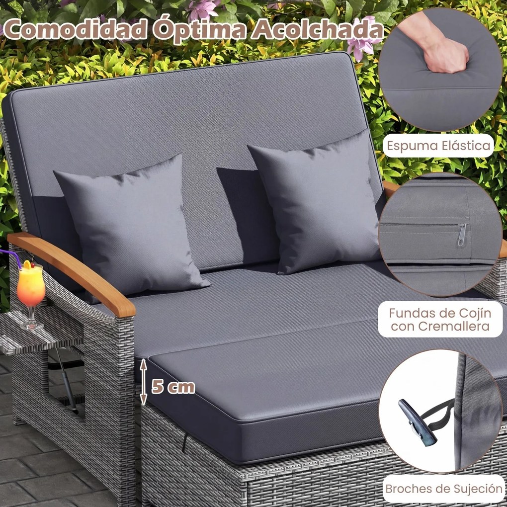 Conjunto de Sofá-Cama de Jardim de 2 Lugares, Otomana e 2 Mesas Laterais Dobráveis, 164 x 72-111 x 54,5-88 cm, Encosto Ajustável em 4 Níveis, Cinzento