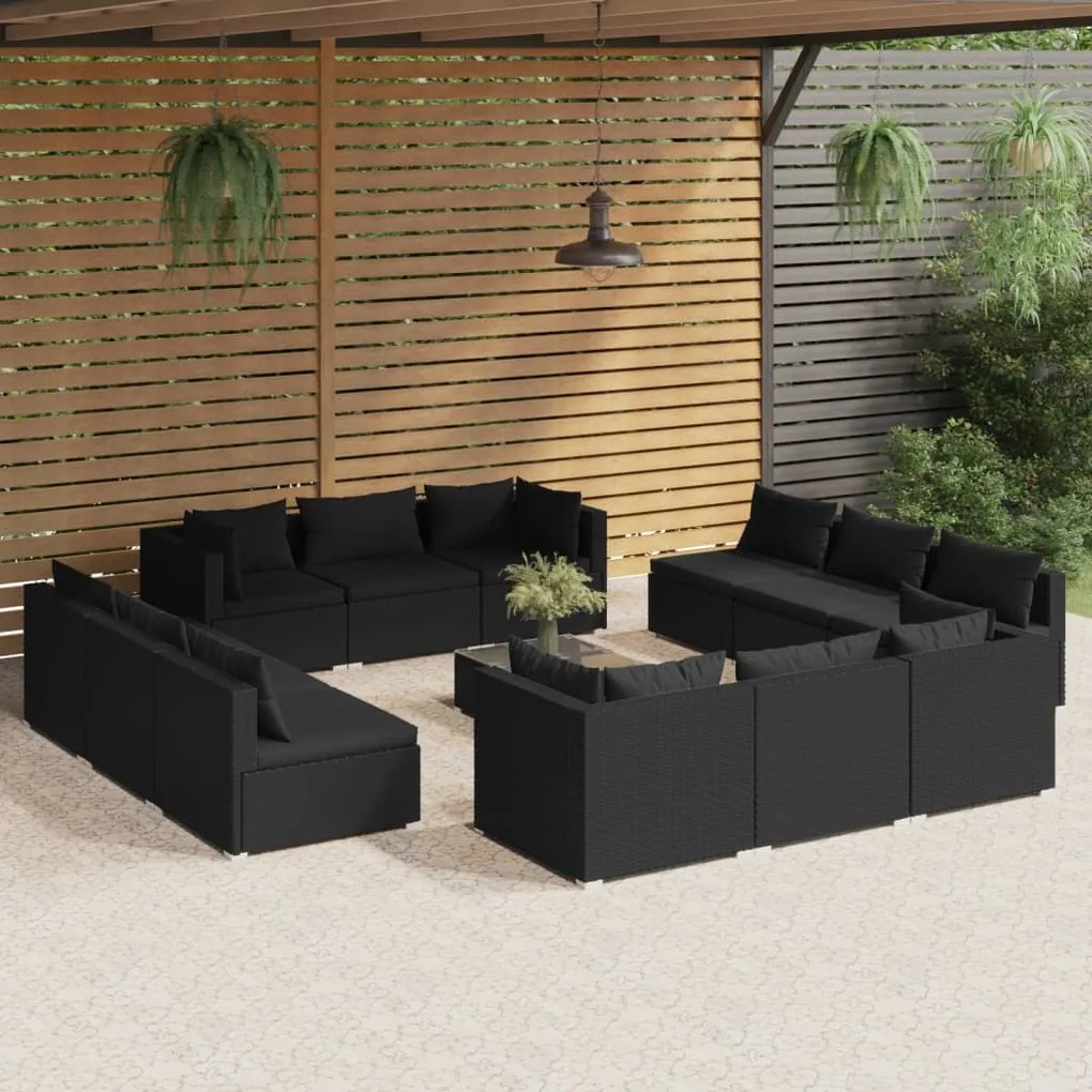 vidaXL 13 pcs conjunto lounge de jardim c/ almofadões vime PE preto
