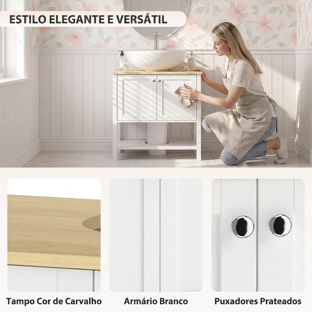 Móvel Inferior para Lavatório com Prateleira Aberta e 2 Portas, para Lavatório (NÃO INCLUIDO) com ou sem Coluna, 80 x 40 x 80 cm, Branco