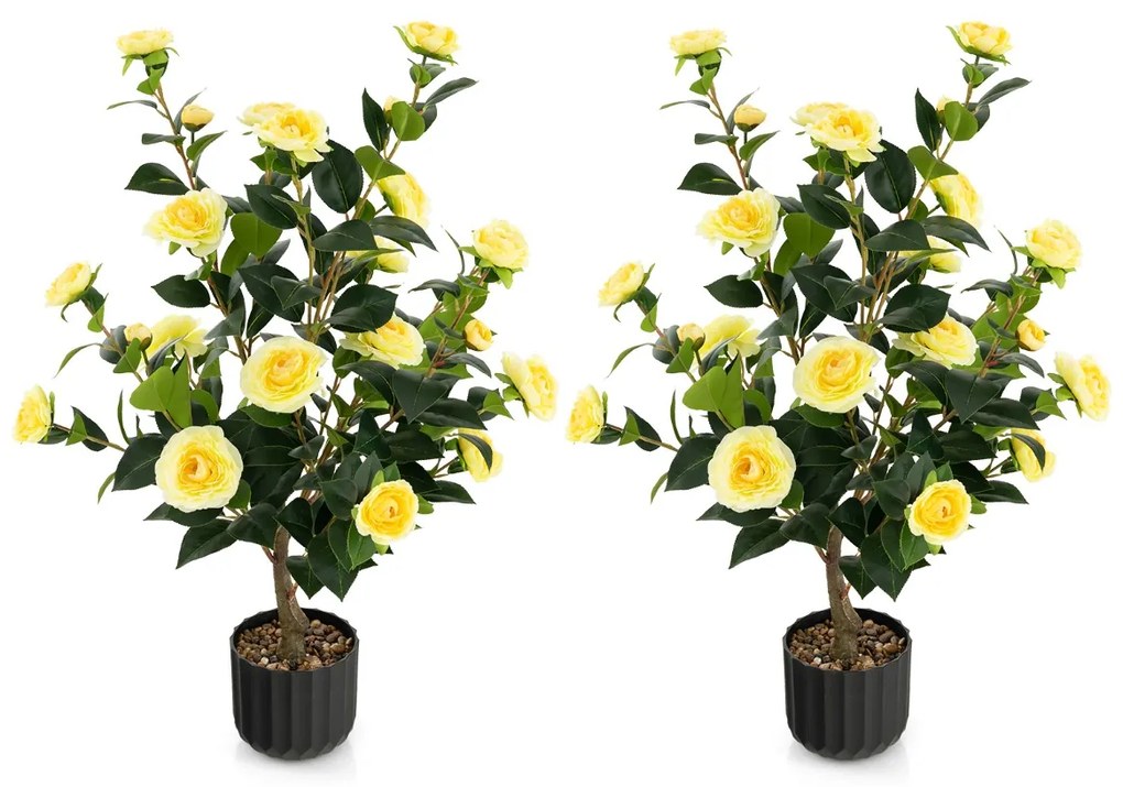 Conjunto de 2 árvores de camélia artificiais 95 cm Planta de flor falsa num vaso de cimento Amarelas