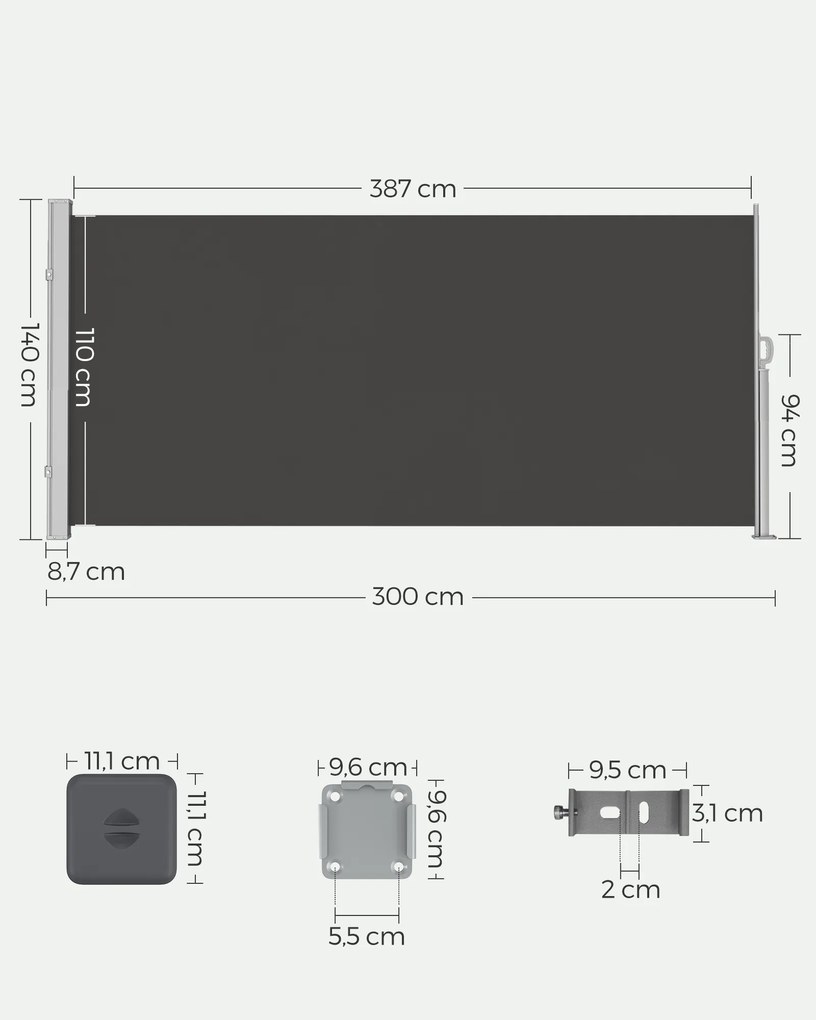 Toldo lateral com caixa de aço, resistente à ferrugem e extensível 140 x 300 cm Antracite