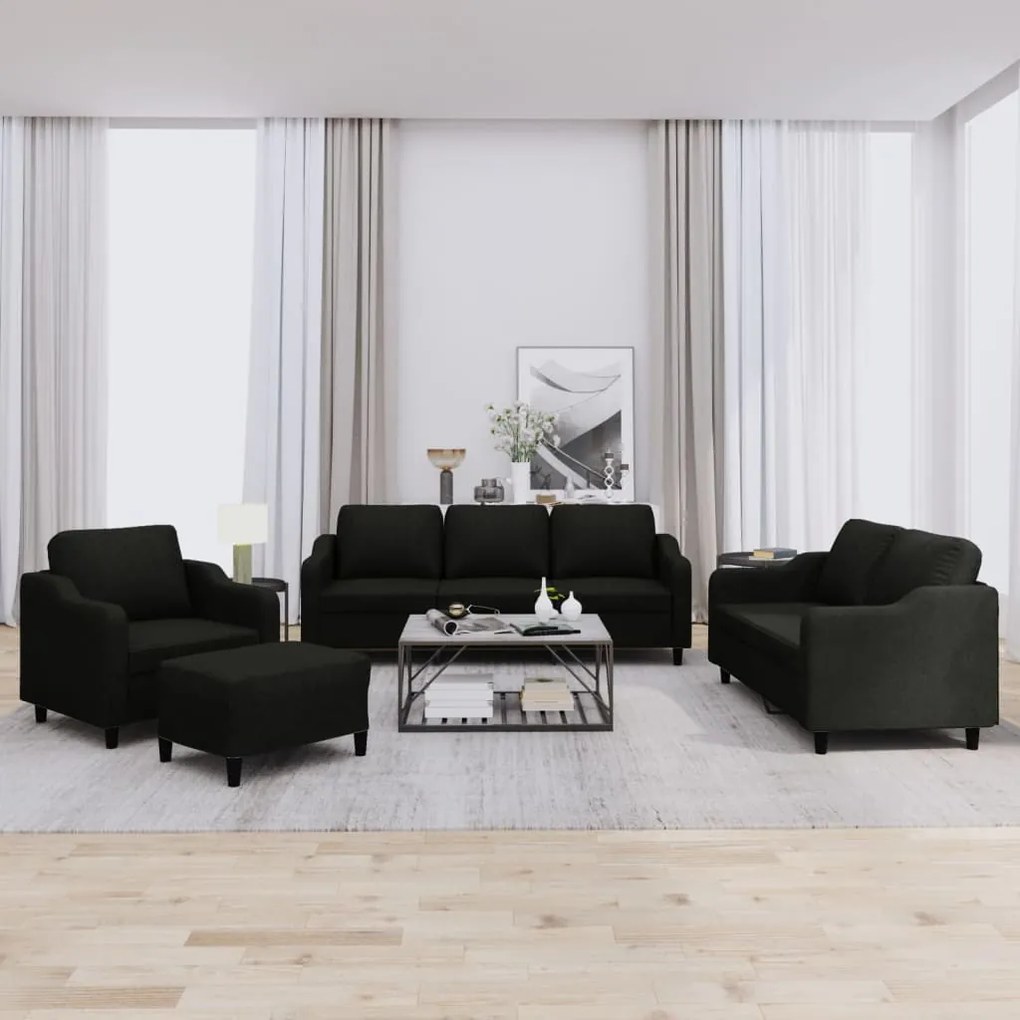 4 pcs conjunto de sofás com almofadões tecido preto