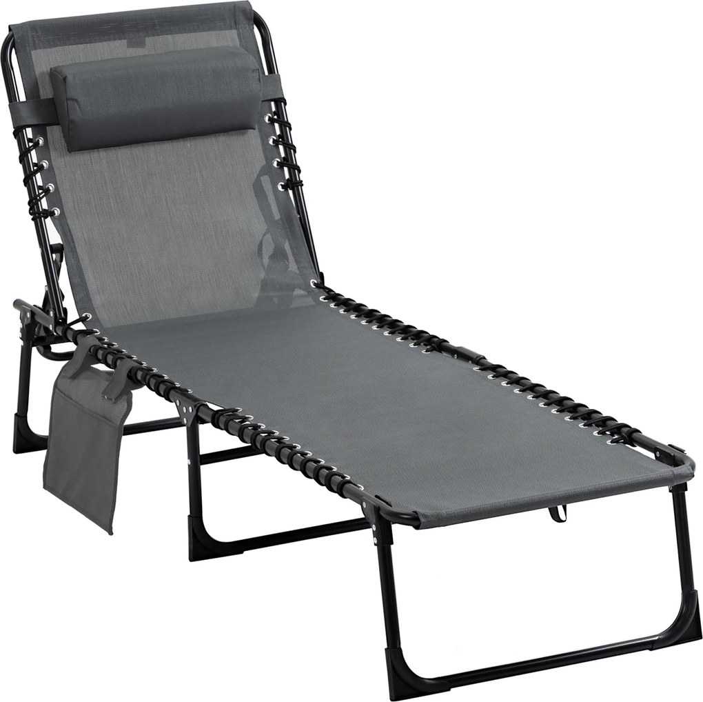 Outsunny Espreguiçadeira Dobrável de Jardim com Encosto Ajustável Apoio para a Cabeça Acolchoado Bolso Lateral 185x58x30 cm Cinza | Aosom Portugal