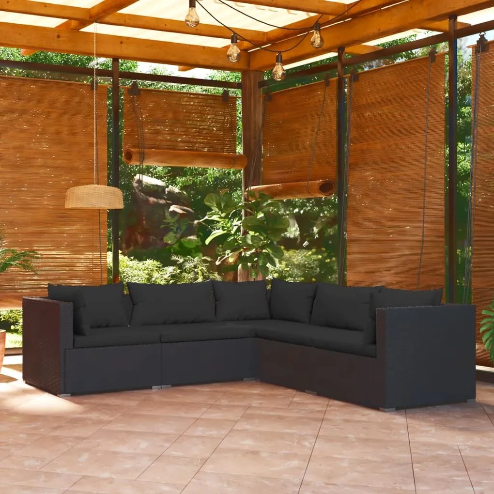 5 pcs conjunto lounge de jardim c/ almofadões vime PE preto