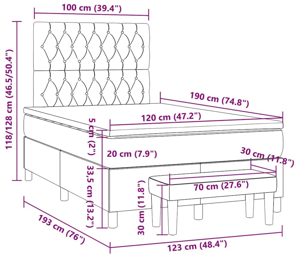 Cama boxspring com colchão 120x190 cm tecido cinzento-escuro