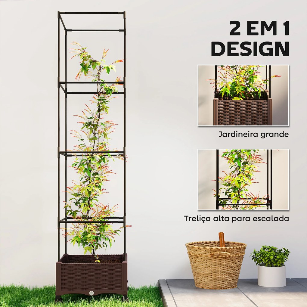 Floreira com Treliça e Rodas com Drenagem para Cultivo de Vegetais Flores e Ervas Aromáticas 40x40x165 cm Castanho