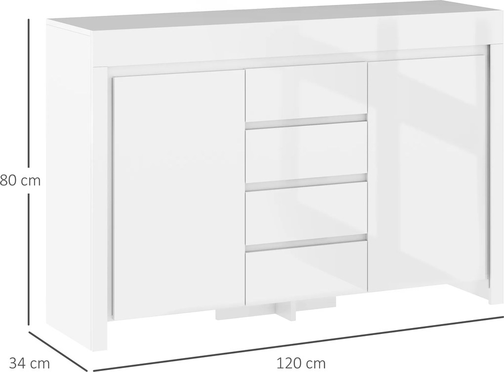 Aparador Sala de Estar com Luzes LED 4 Gavetas Prateleiras Ajustáveis e Controlo Remoto 120x34x80 cm Branco Brilhante