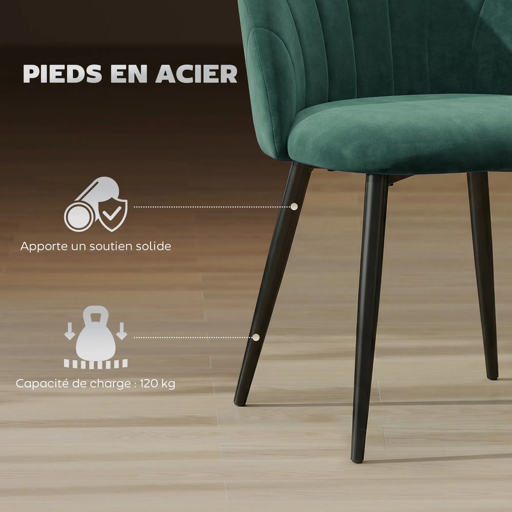 Conjunto de 2 Cadeiras de Jantar em Forma de Concha, 52 x 55 x 79 cm, Estofadas em Veludo, Verde-escuro