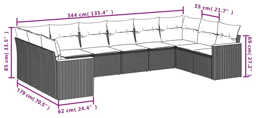 10 pcs conjunto sofás de jardim c/ almofadões vime PE preto