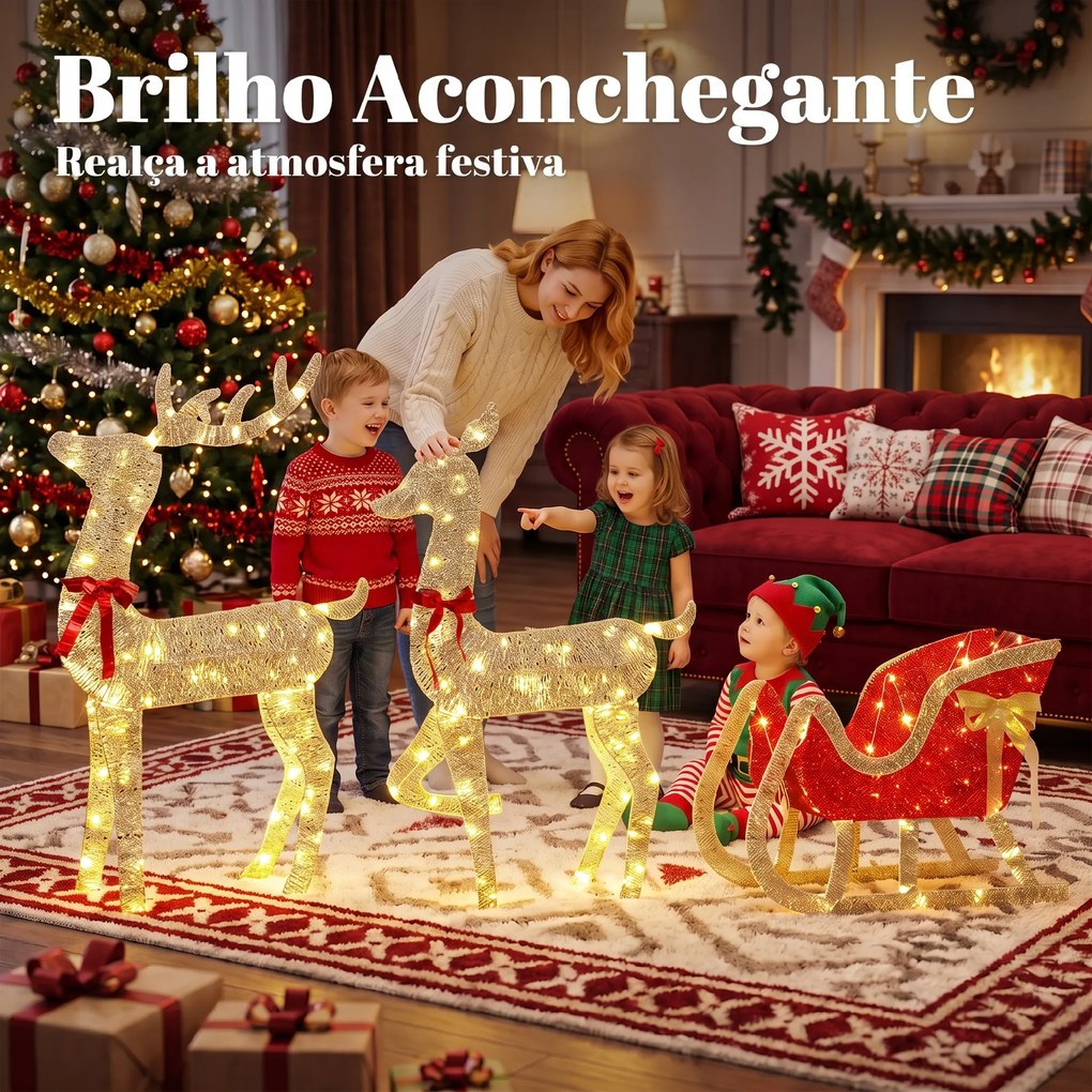 Conjunto de 3 Peças com Renas de Natal Iluminadas, 200 LED Branco Quente, 8 Modos e Temporizador Diário