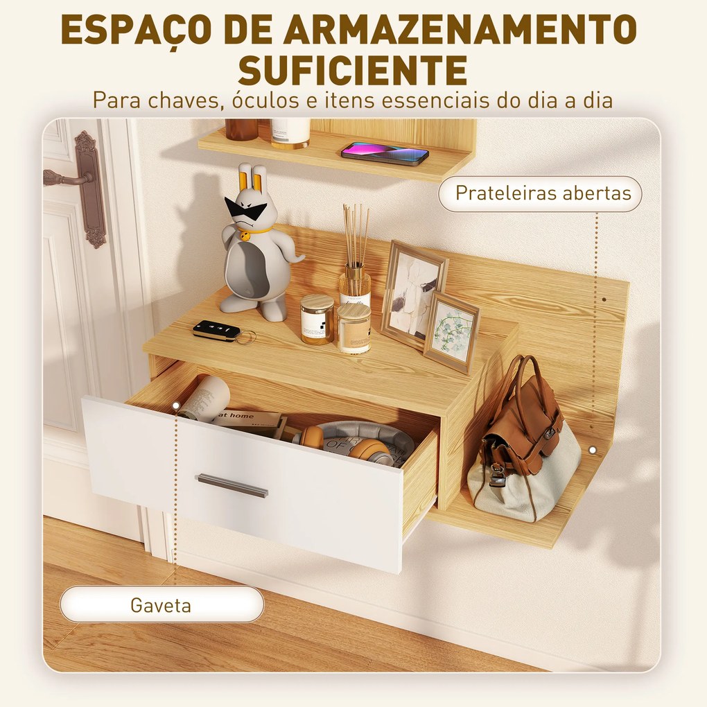 Conjunto de Móveis de Entrada de Parede com Espelho e Arrumação com Gaveta e 2 Prateleiras Abertas em Madeira Natural