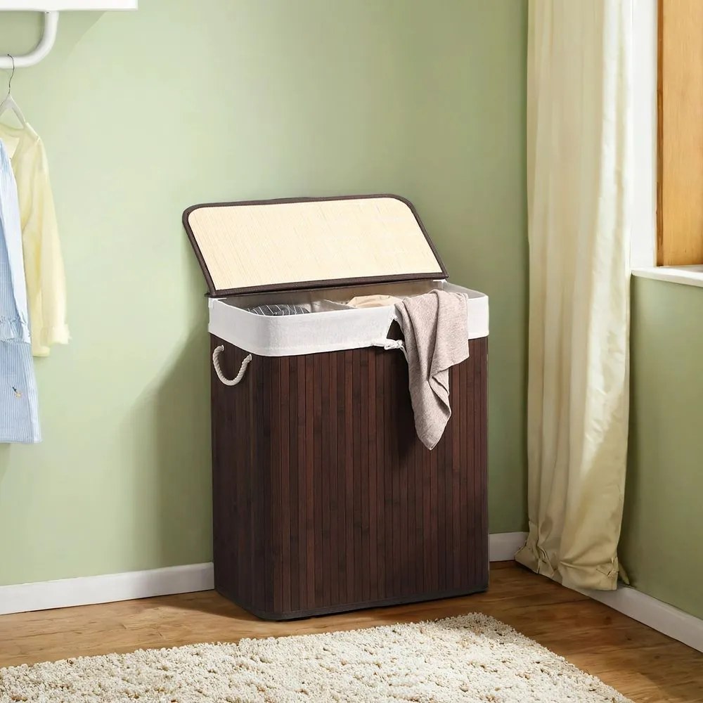 Cesto para roupa suja com 2 compartimentos de 51,5 x 31,5 x 61,5 cm castanho