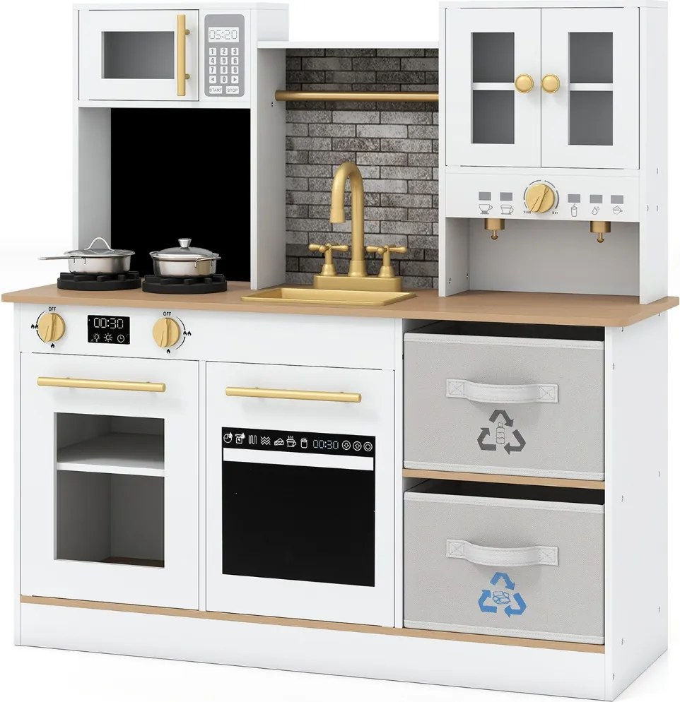 Cozinha de Brincar madeira com fogão com luz e som Cafeteira Torneira e utensílios de cozinha