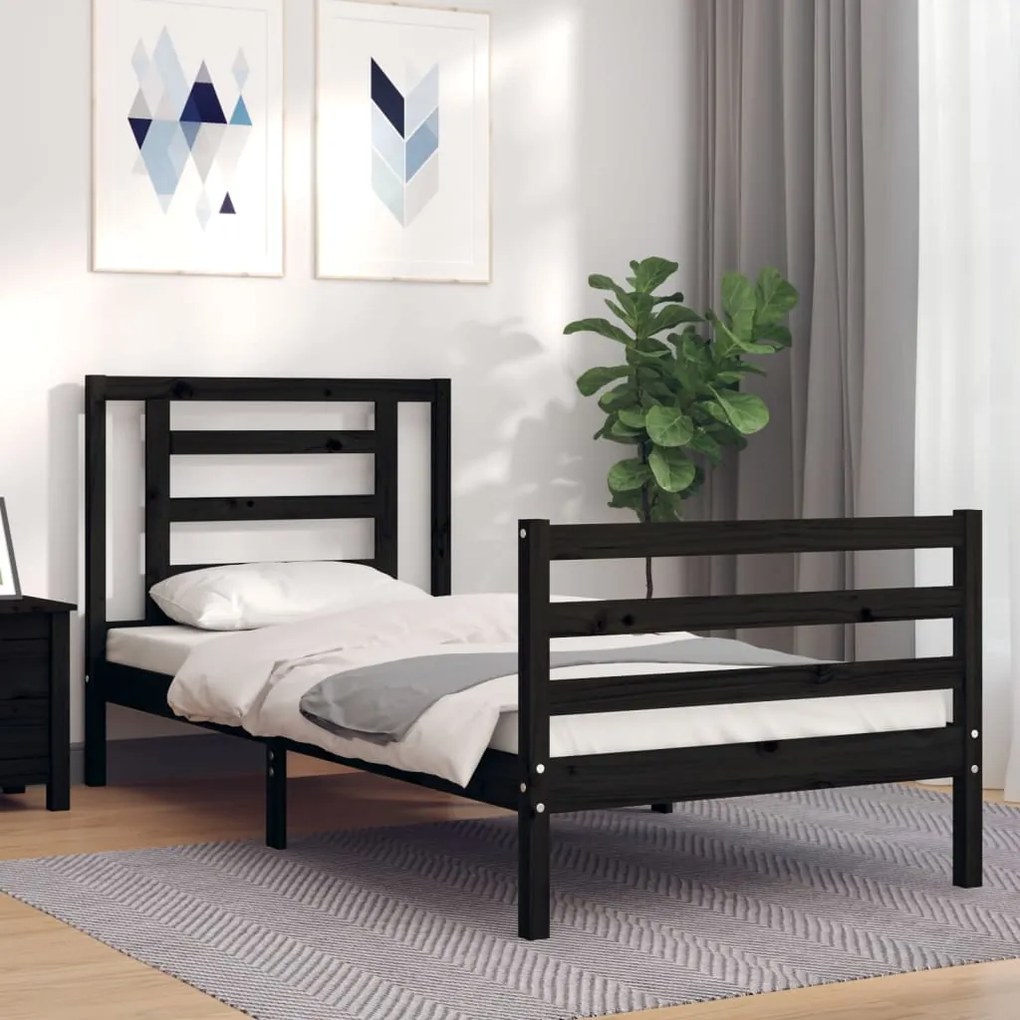 vidaXL Estrutura de cama com cabeceira 90x200 cm madeira maciça preto