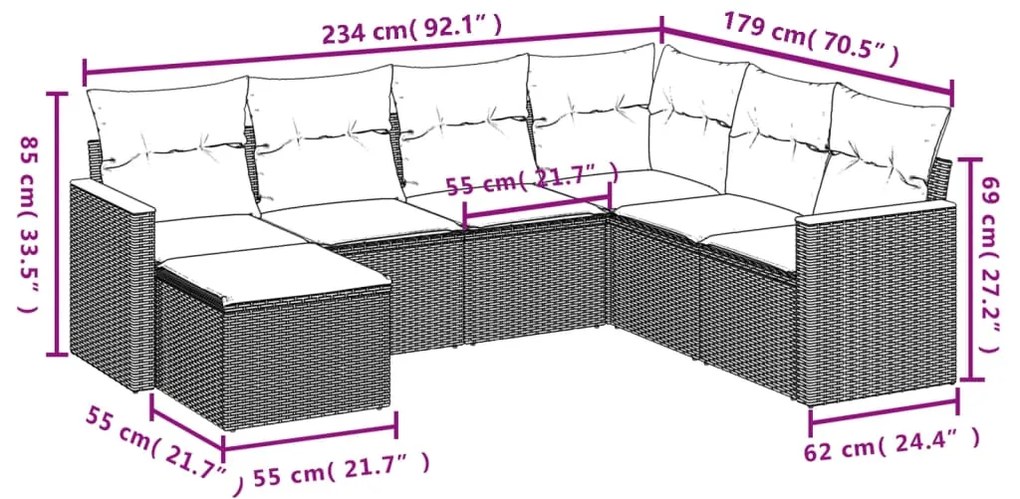7 pcs conjunto de sofás p/ jardim com almofadões vime PE bege