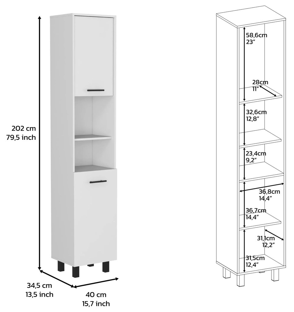 Armário Cozinha Hobart em melamina com dois armários e cinco prateleiras 202 x 40 x 34,5 cm, Branco