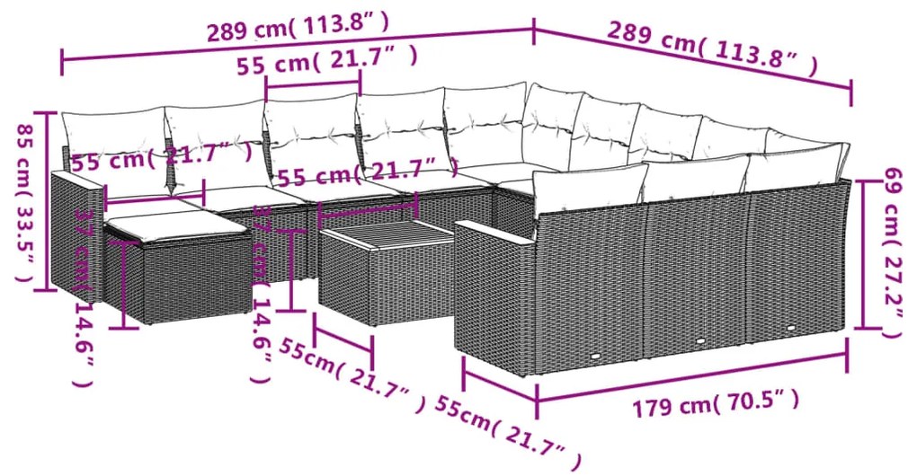 13 pcs conjunto de sofás p/ jardim com almofadões vime PE bege