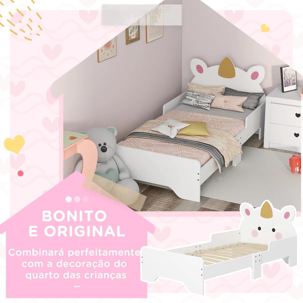 Cama para Crianças de 3-6 Anos 143x74x67 cm Cama Infantil de Madeira em Forma de Unicornio Branco