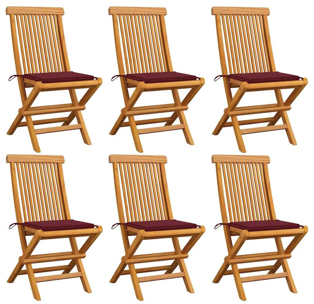 vidaXL Cadeiras jardim c/ almofadões vermelho tinto 6 pcs teca maciça