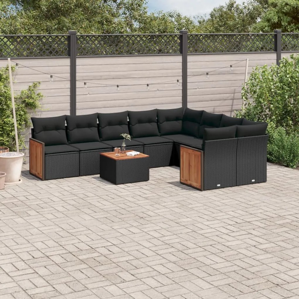 10 pcs conjunto sofás de jardim c/ almofadões vime PE preto