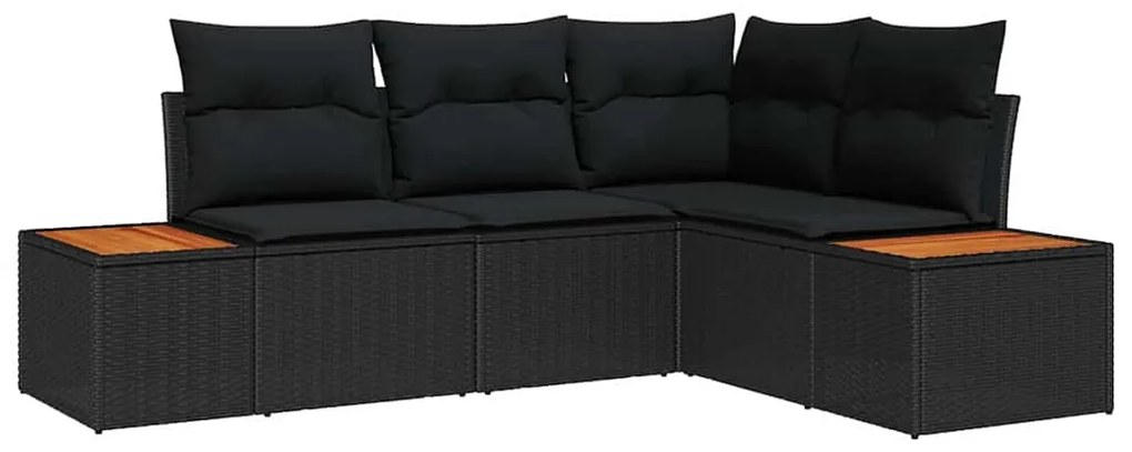 Conjunto de Sofás de 4 Peças para Jardim com Almofadas Preto Rattan Po