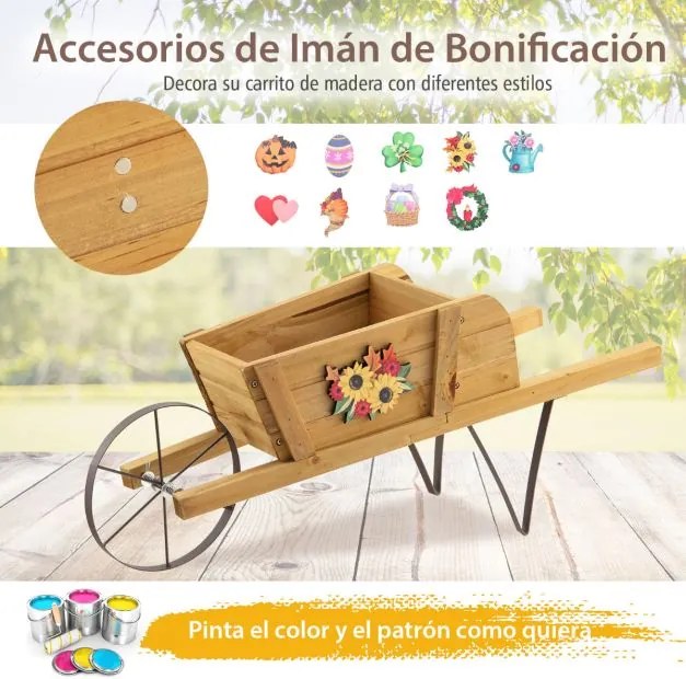 Floreira Jardim de madeira de pinho forma Carrinho de mão para interior e exterior com 9 acessórios magnéticos 69,5 x 26 x 29,5 cm Natural