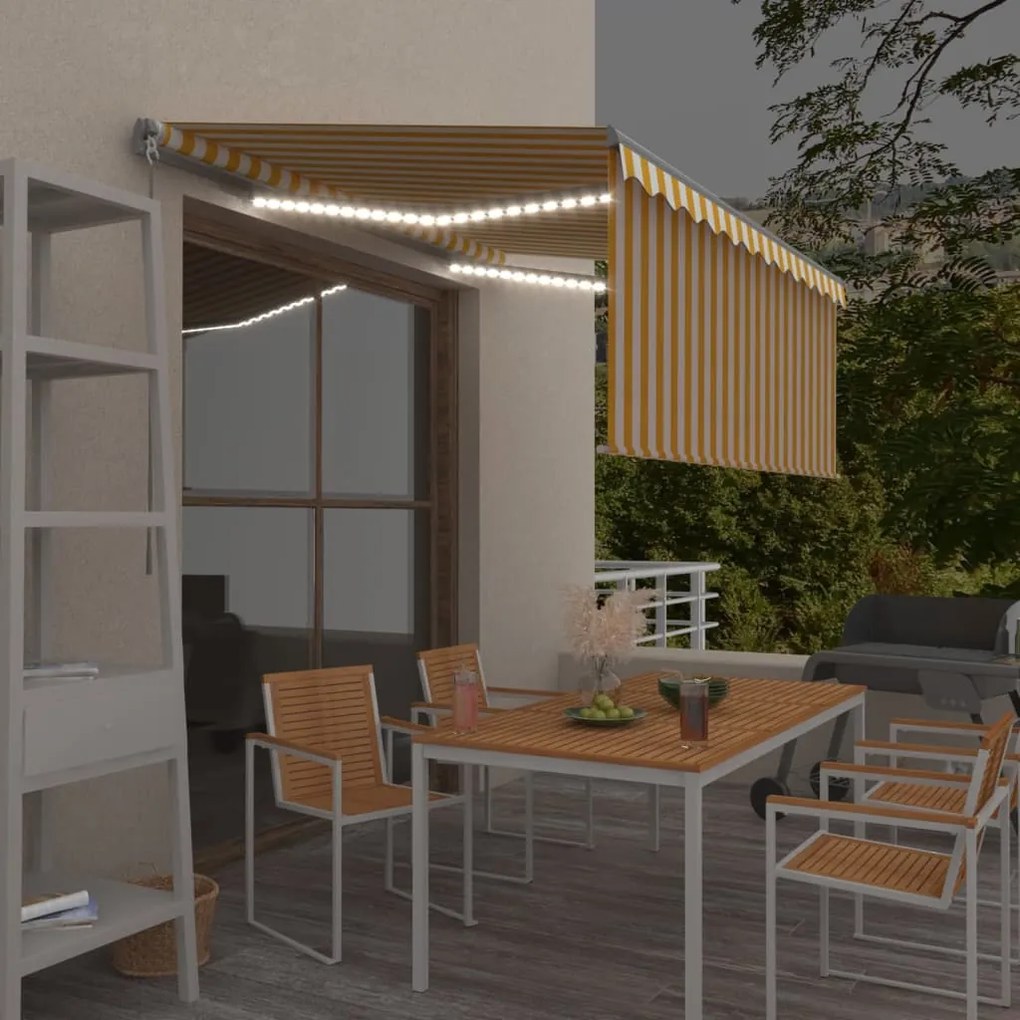 Toldo retrátil manual com estore/LED 3,5x2,5 m amarelo e branco