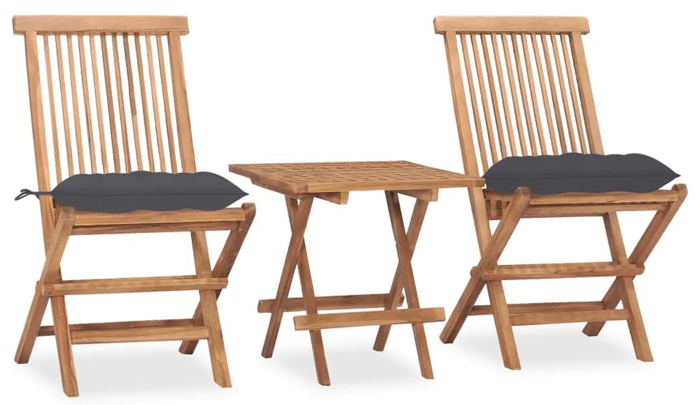 vidaXL 3 pcs conj. jantar dobrável exterior c/ almofadão teca maciça