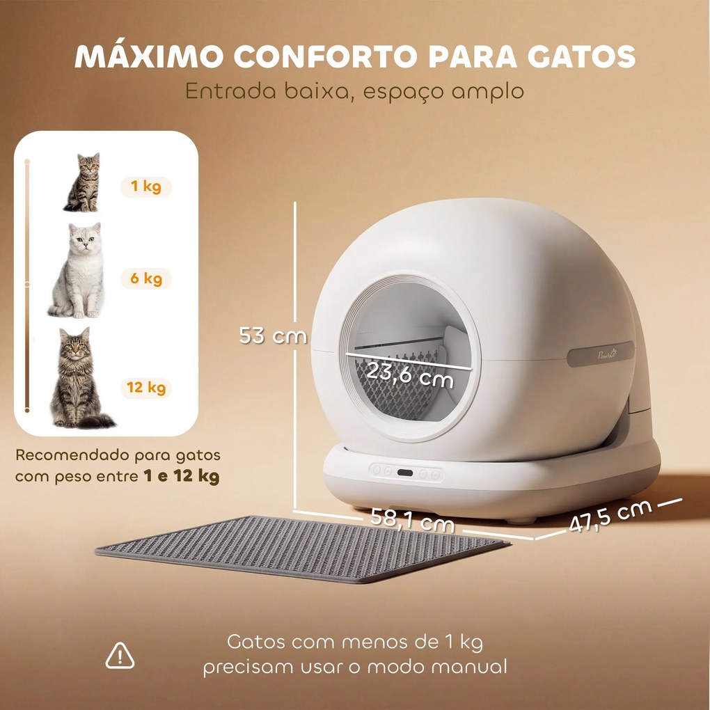 Caixa de Areia Autolimpante 7 L Extra Grande Controlo por APP Purificação de Odores e Ruído Sensores de Segurança Tapete