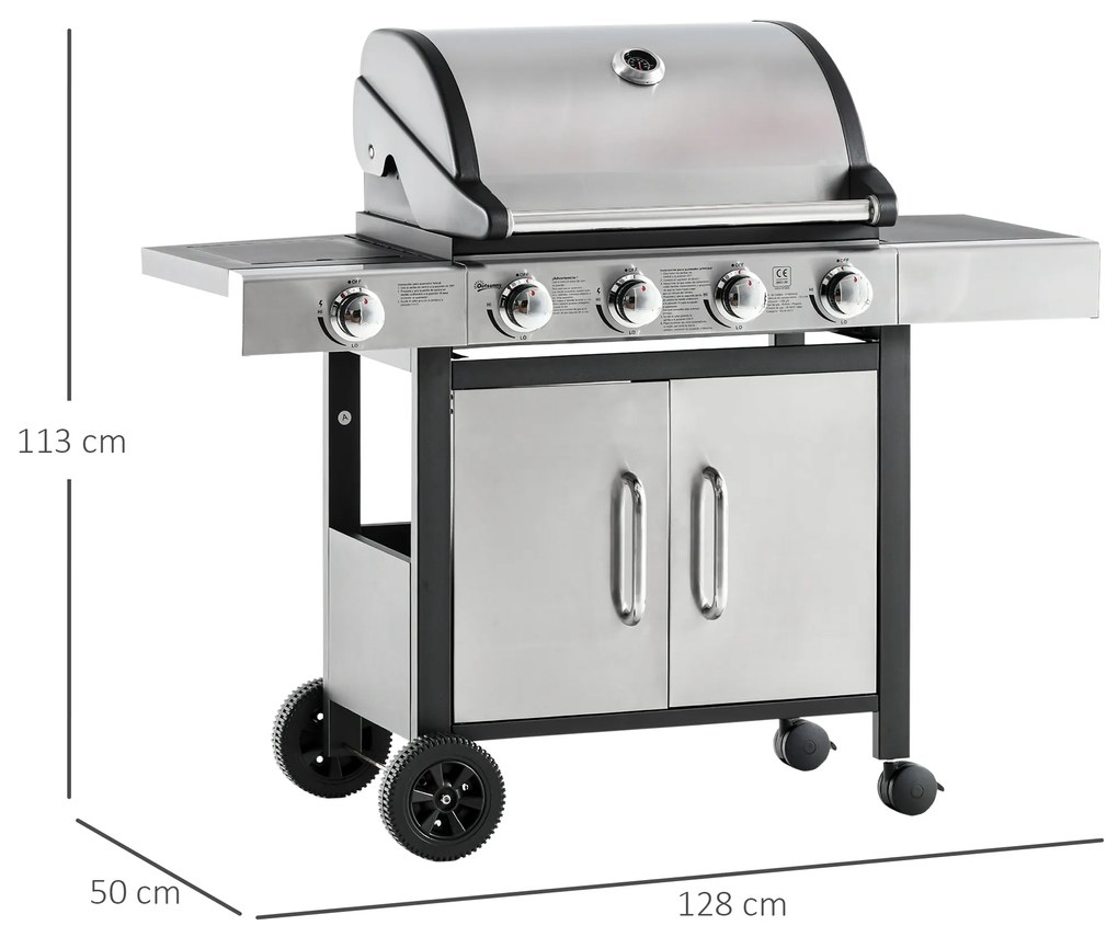 Churrasqueira a Gás com Rodas Churrasqueira 4+1 Queimadores 3KW e Mesa Lateral Armário de Armazenamento Aço Inoxidável Barbecue a Gás 128x50x113cm Pre