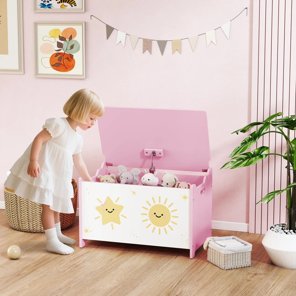 Caixa de brinquedos com tampa  60 x 37 x 39 cm, caixa de arrumação infantil com dobradiças de segurança rosa