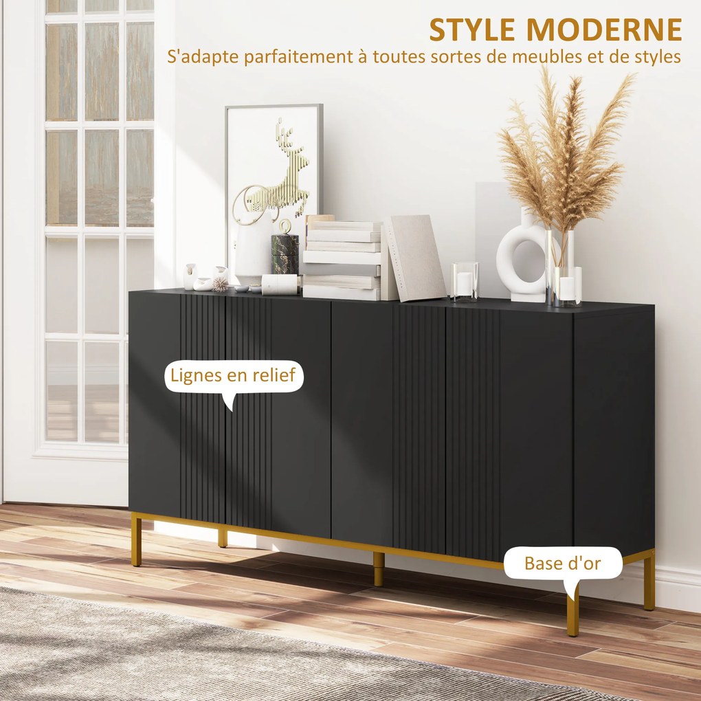 Aparador de design contemporâneo com padrão gráfico 140 x 40 x 75 cm, 2 armários e prateleiras ajustáveis, em madeira preta e metal dourado
