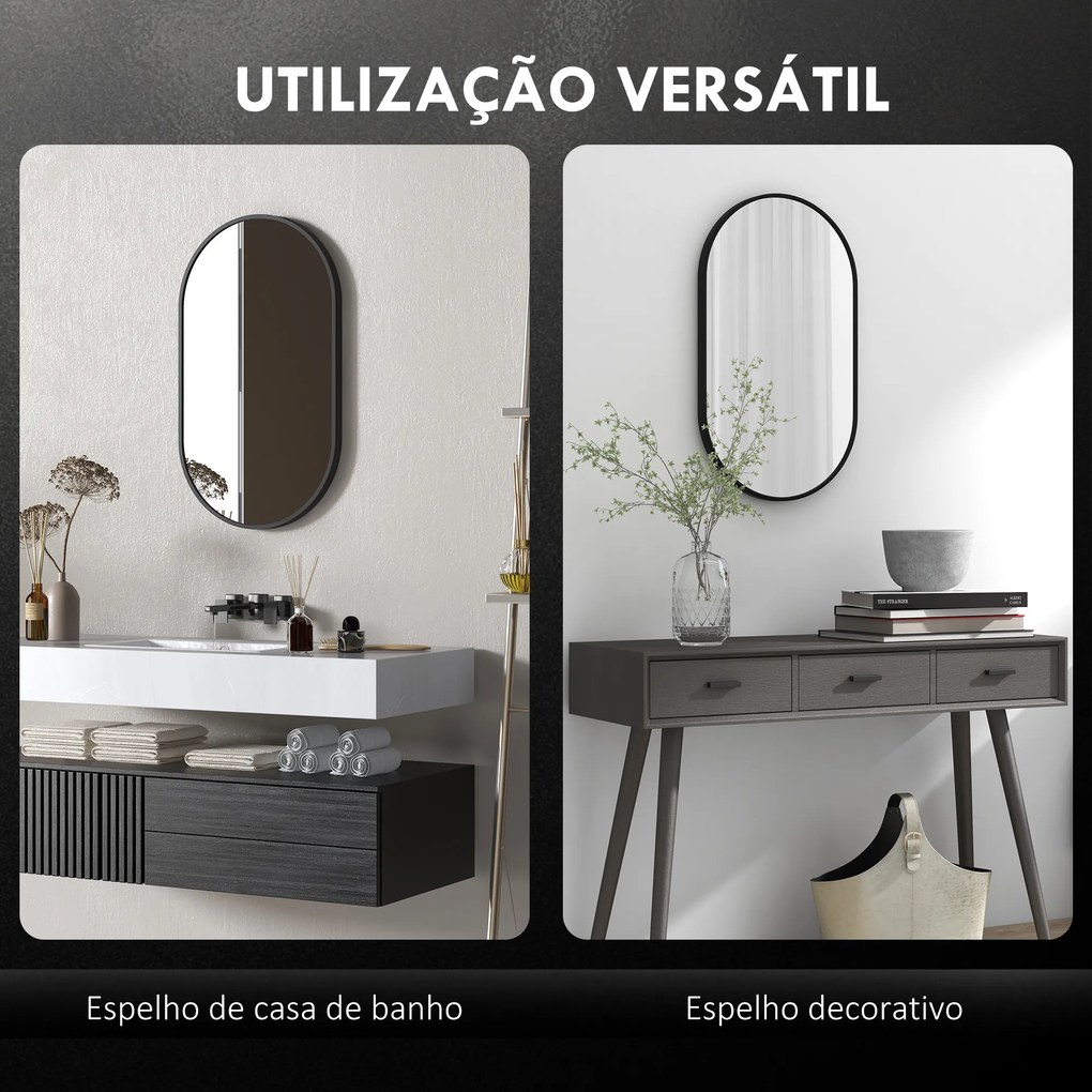 Espelho Casa de Banho Oval 40x3x70 cm Espelho Decorativo de Parede com Estrutura de Liga de Alumínio Horizontal ou Vertical Preto