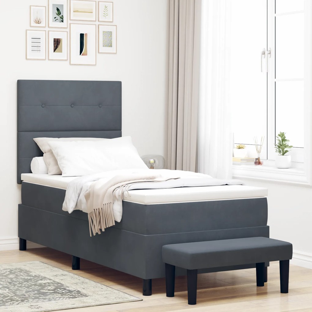 Cama Box Spring com Colchão e Banco Cinza Escuro 90x200 cm Veludo